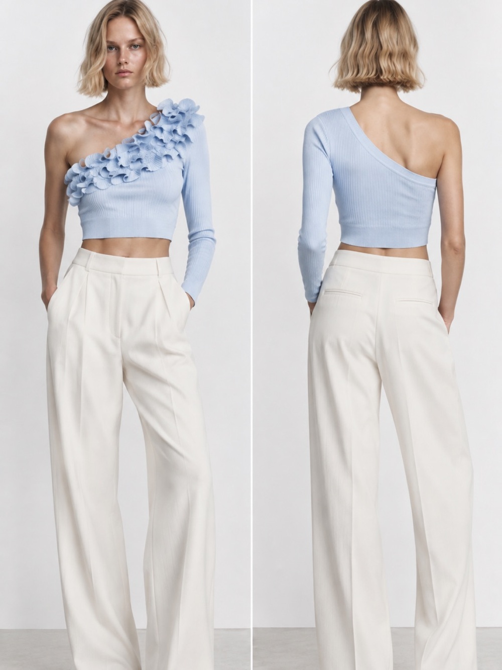 Zara NWT Blue Ruffle Asymmetric One Shoulder Knit Top 0858/816 Size M